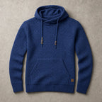Navy blue waffle-knit pullover hoodie with front pocket, ribbed trims and metal drawstring tips
