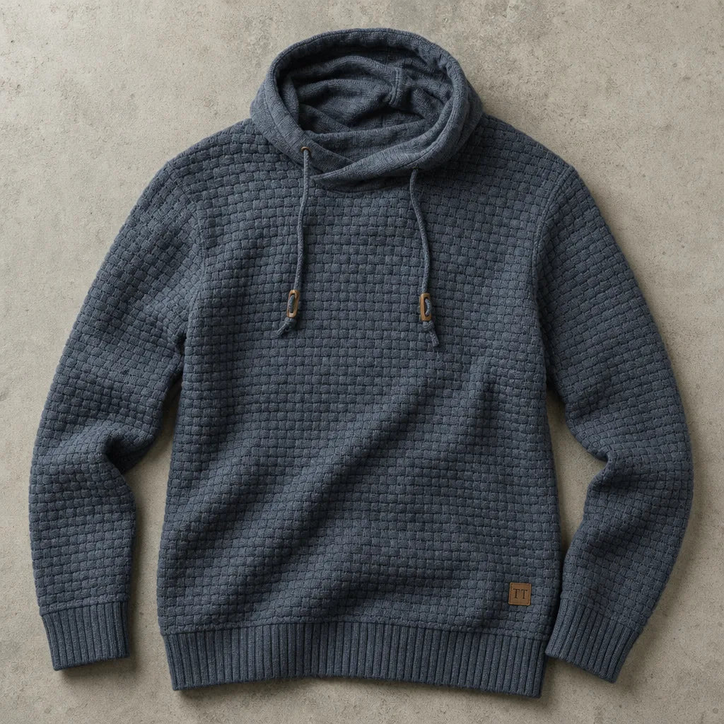 Blue grey waffle-knit hoodie laid flat showing relaxed fit and raglan-style sleeve seams