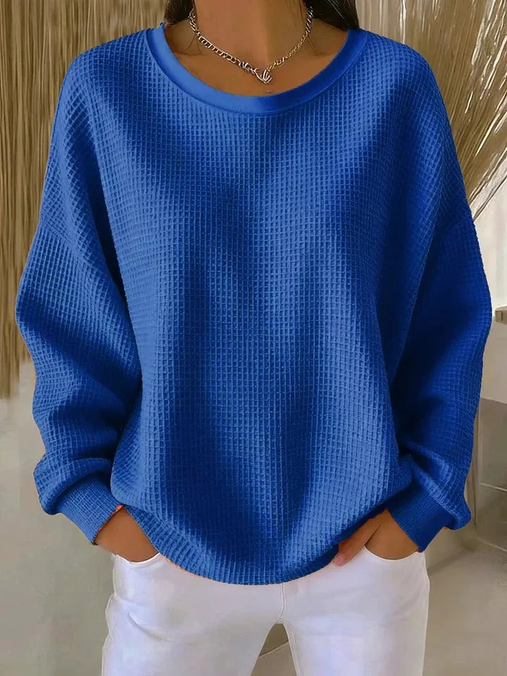 Royal blue waffle-knit jumper with relaxed fit, ribbed neckline and cuffed sleeves