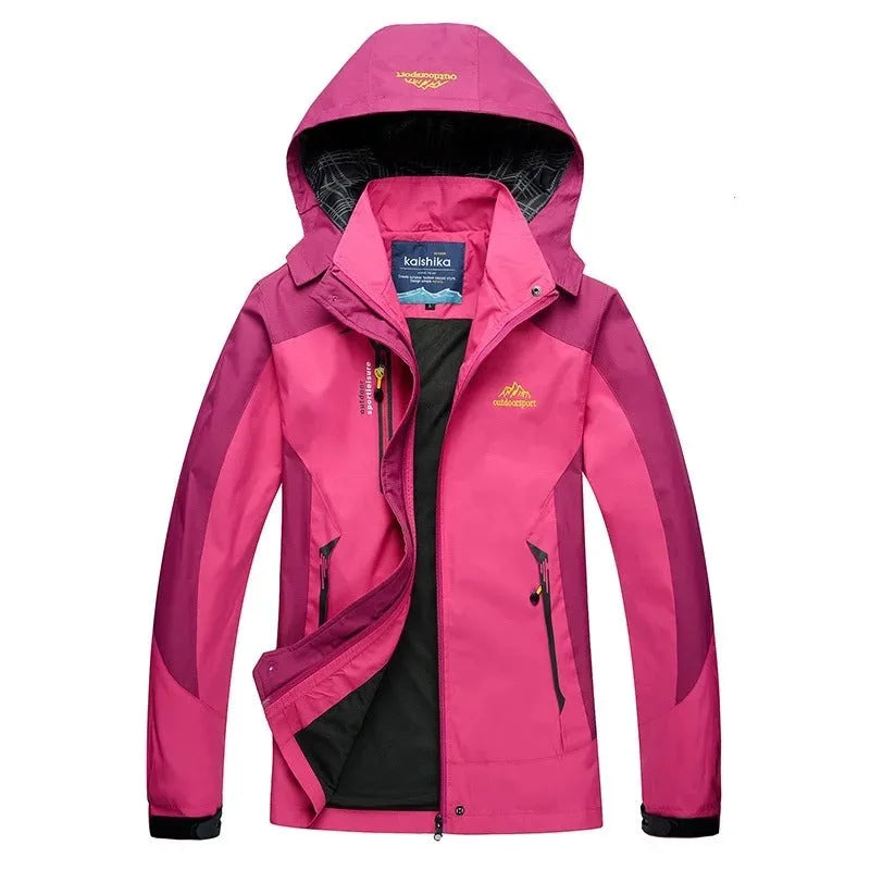 Pink and magenta waterproof jacket with hood up, front zip closed, mountain logo on chest