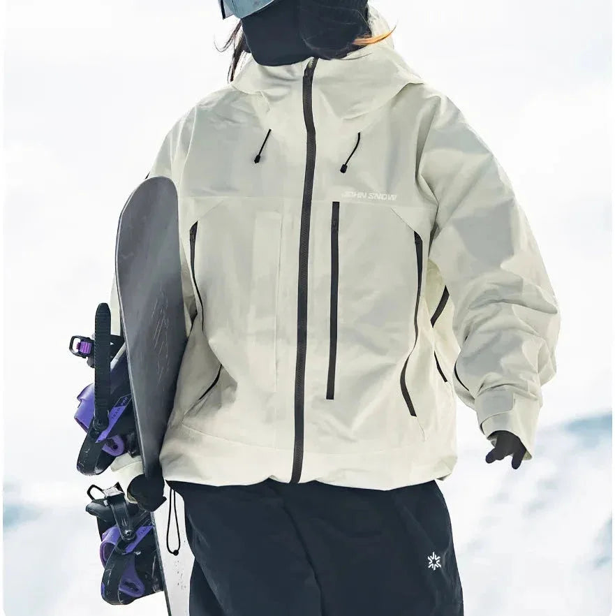 Back and side view of an off-white hooded ski jacket showing chest zip pocket and adjustable cuffs