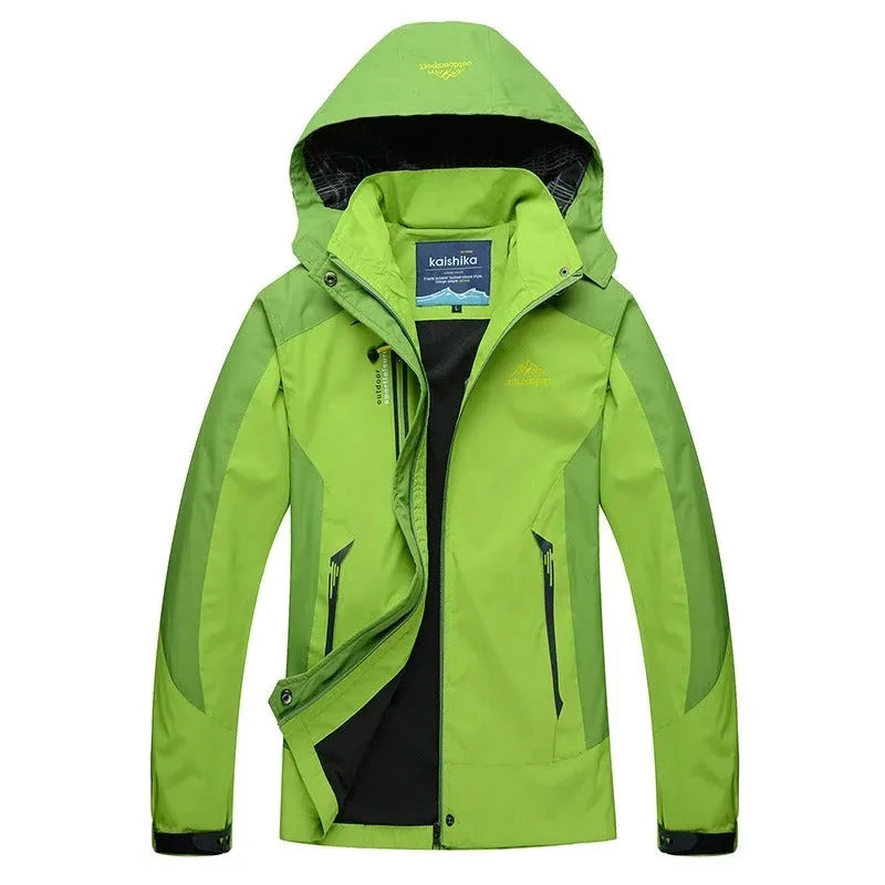 Bright green waterproof jacket with hood, front open showing black mesh lining and zip pockets
