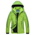 Bright green waterproof jacket with hood, front open showing black mesh lining and zip pockets