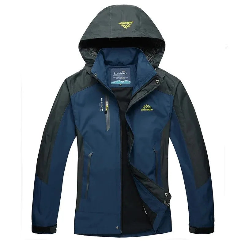 Navy and grey waterproof jacket with hood, front view showing chest logo and zip pockets