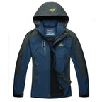 Navy and grey waterproof jacket with hood, front view showing chest logo and zip pockets