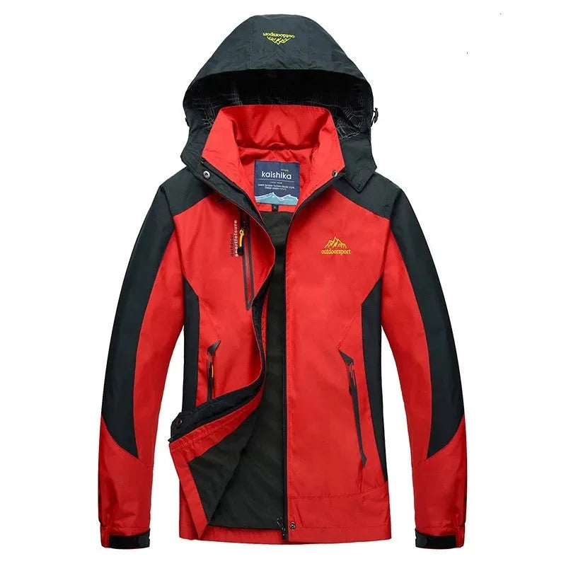 Red and black waterproof jacket with hood, front open showing inner lining and toggle cuffs