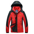 Red and black waterproof jacket with hood, front open showing inner lining and toggle cuffs