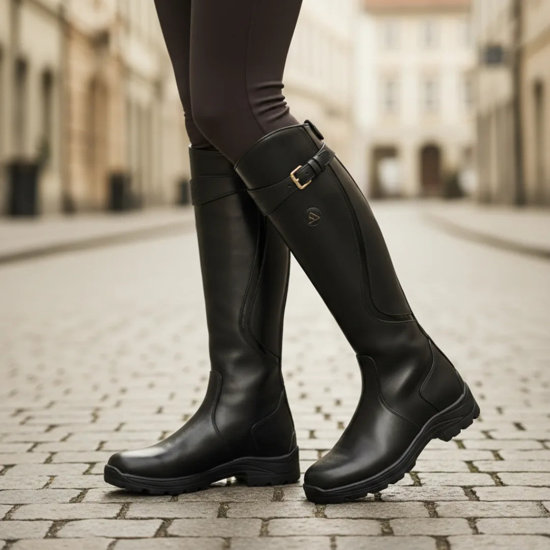 Black leather knee high boots with buckle detail and chunky lugged sole, crossed stride on cobblestone street