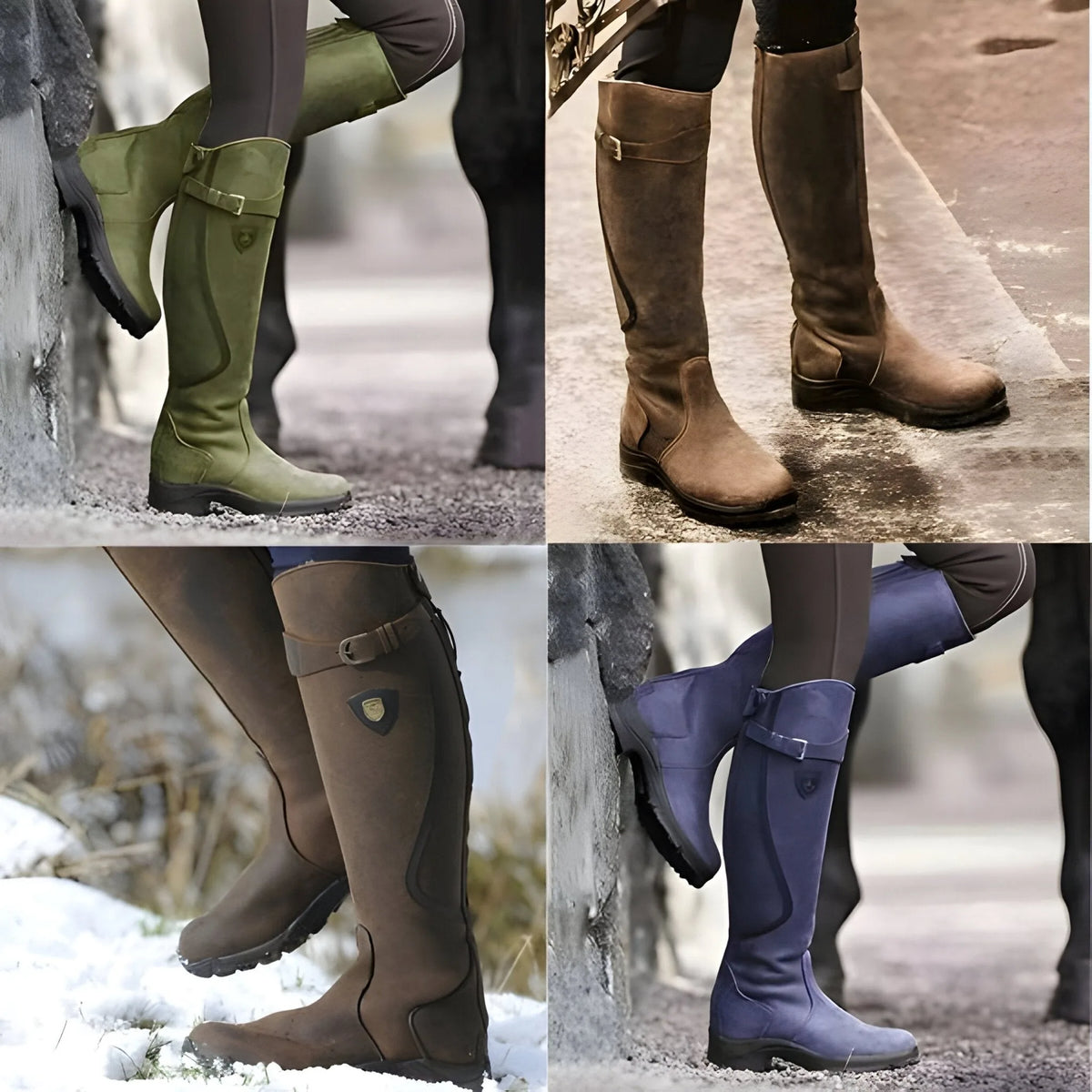 Four-panel grid showing the boots in green, brown, dark brown and navy colourways