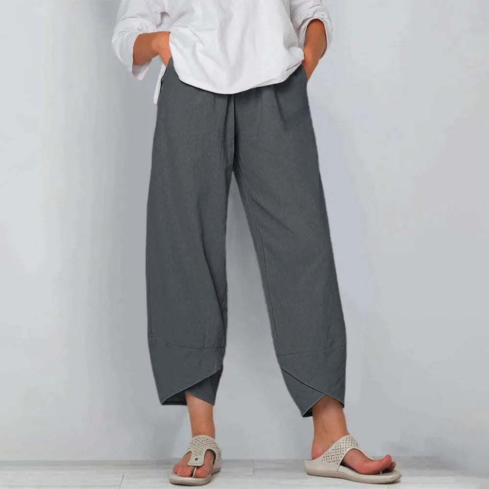 Front view of grey wide-leg linen-blend trousers showing the relaxed fit and tapered tulip hemline