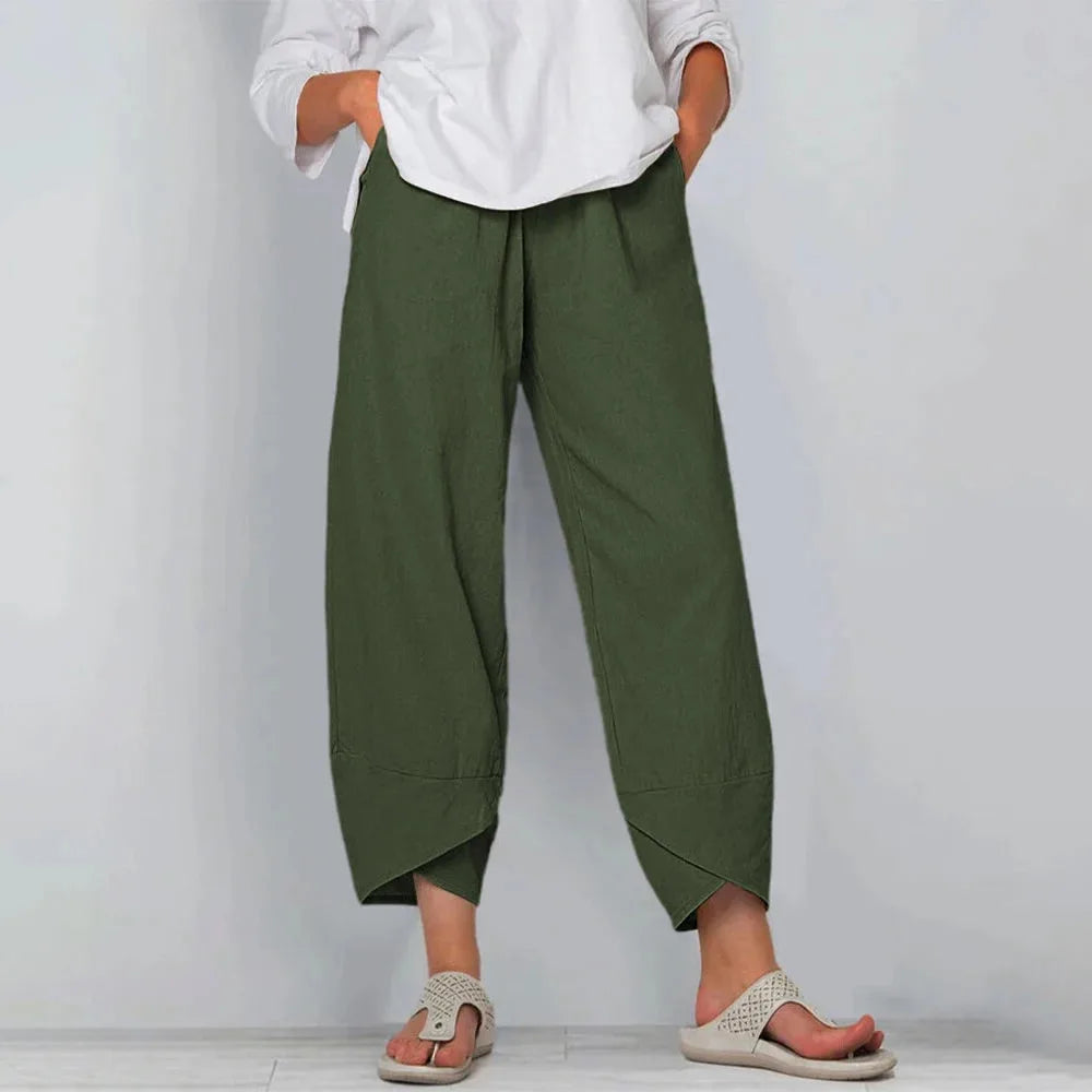 Front view of olive green wide-leg linen-blend trousers with drawstring waist and cropped length