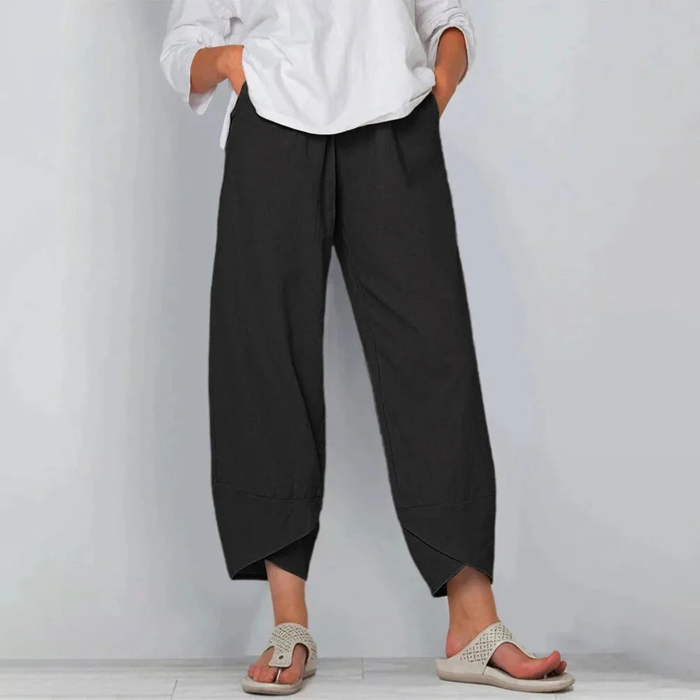 Front view of black wide-leg linen-blend trousers with pocket detail and flowing silhouette