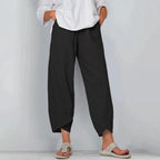 Front view of black wide-leg linen-blend trousers with pocket detail and flowing silhouette