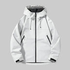 White hooded zip-up jacket, front view, showing drawstring hood, chest zip pocket and side zip pockets