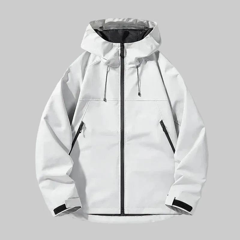 White hooded zip-up jacket, front view, showing drawstring hood, chest zip pocket and side zip pockets