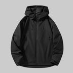 Black hooded jacket laid flat, front view, showing full front zip, hood drawstrings and hook-and-loop cuffs
