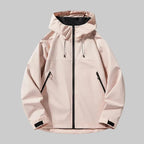 Pale pink hooded jacket, front view, showing lightweight shell fabric and contrast black zip details