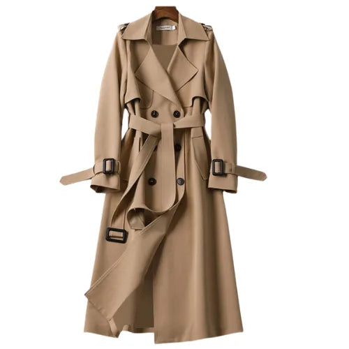 Khaki double-breasted trench coat with belted waist, epaulettes and storm flap, shown from the front