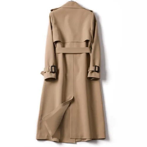 Khaki trench coat back view showing the belted waist and centre back vent