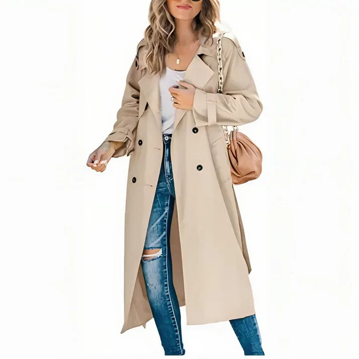 Front view of a khaki double-breasted trench coat with notched lapel and belted sleeves, worn open.