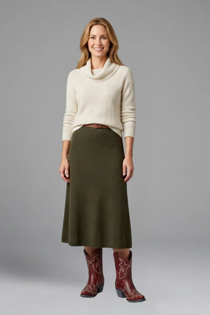 Model wearing an olive knit midi skirt and cream jumper paired with red embroidered cowboy boots
