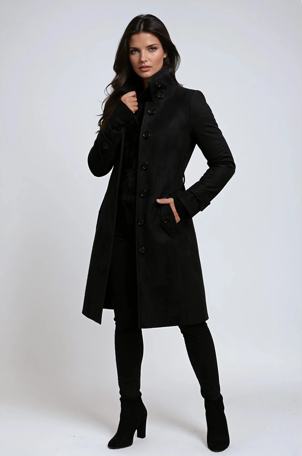 Woman in a black wool-blend coat with high stand collar, button-down front and fur-trimmed inner lining, hand at collar