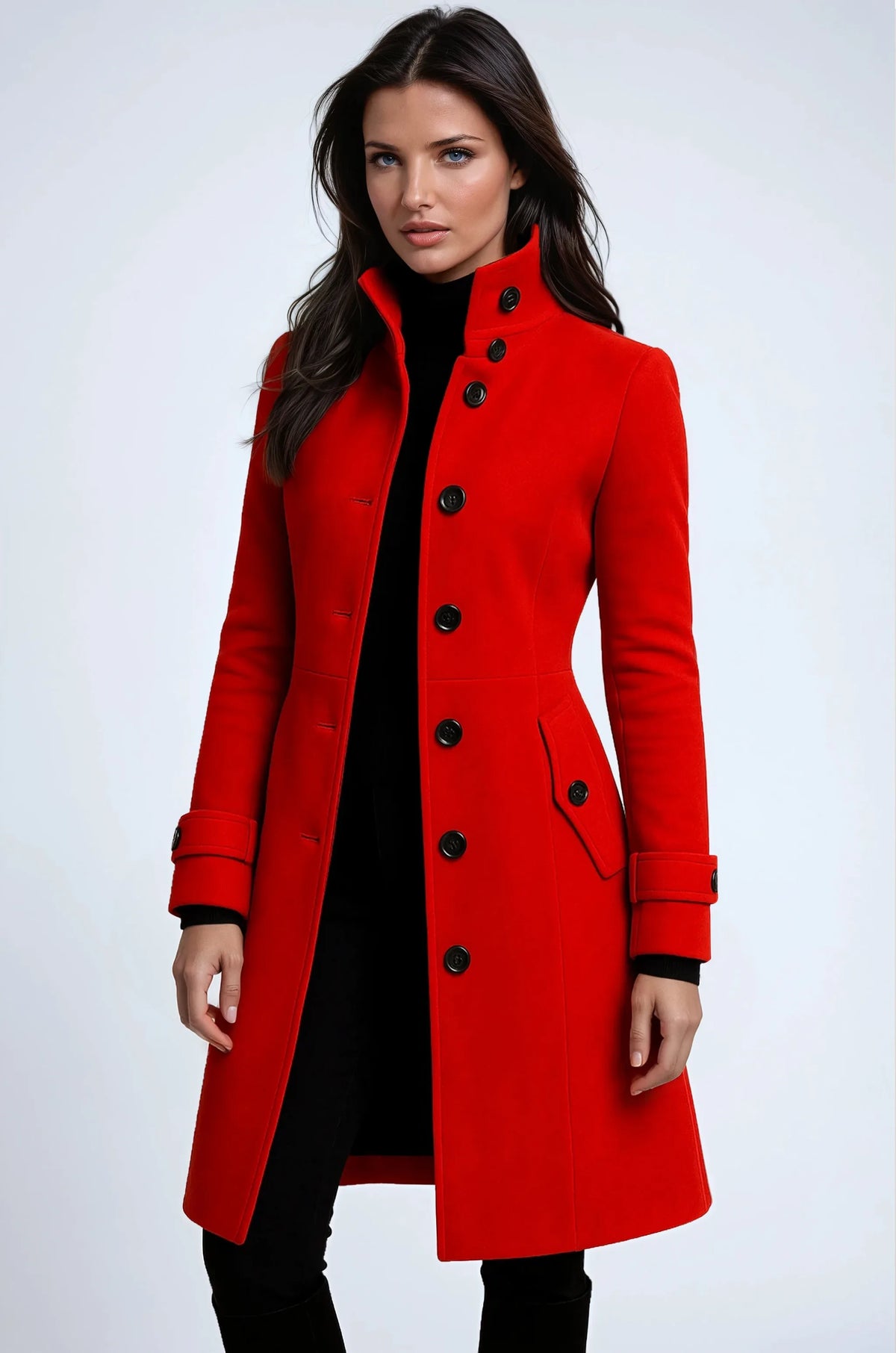 Close-up front view of a red wool coat with high collar, black buttons and belted cuffs worn over a black polo neck