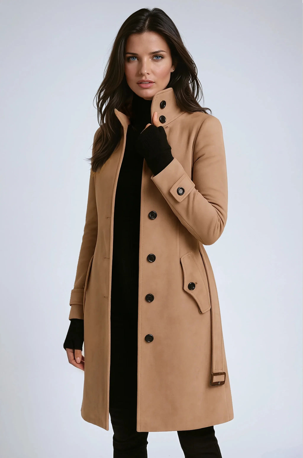 Camel wool coat with high collar, tab cuffs and belted waist detail, worn open over a black polo neck and fingerless gloves