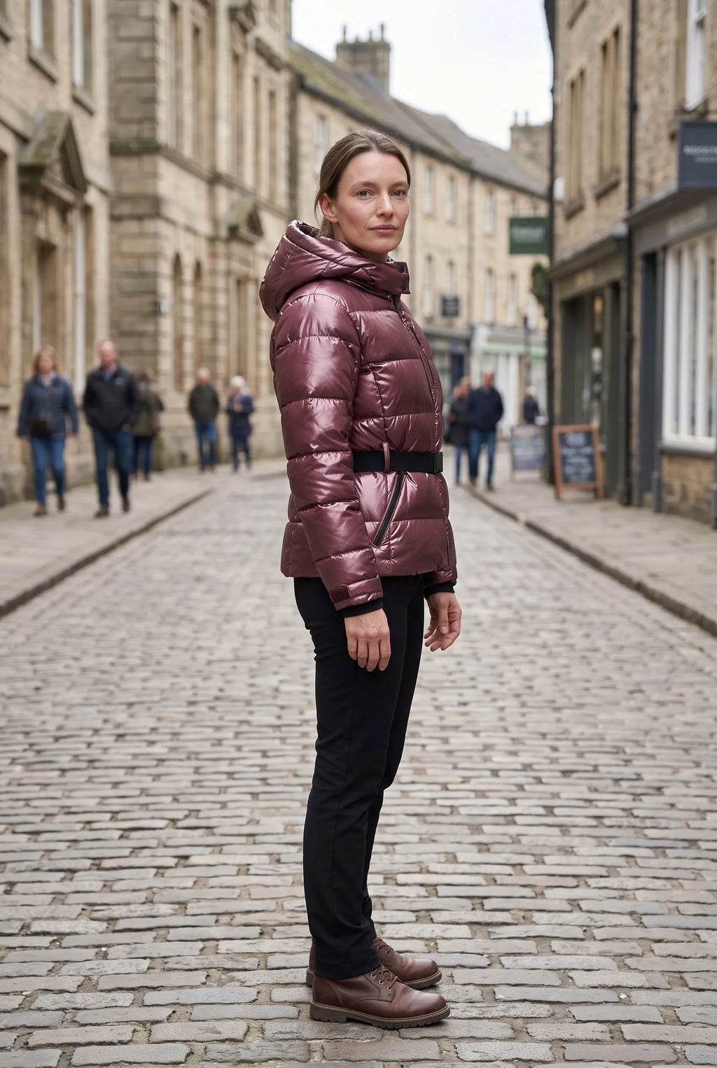 Woman wearing the metallic burgundy puffer jacket on a cobbled street, styled with black trousers and boots