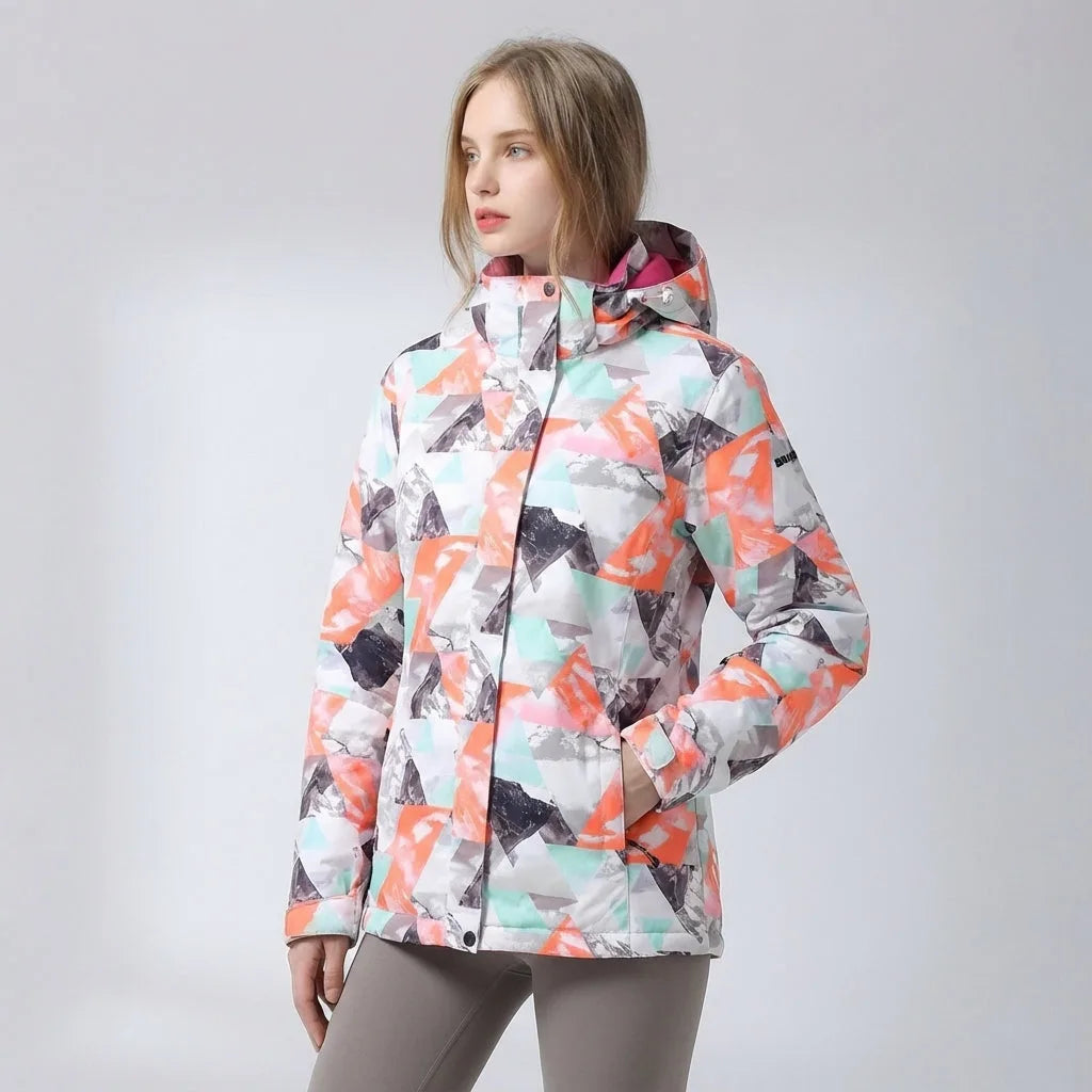 White, coral and mint hooded jacket with an abstract geometric mountain print and zip pockets