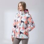 White, coral and mint hooded jacket with an abstract geometric mountain print and zip pockets