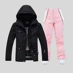 Detail of the quilted bib trousers with adjustable suspender straps and front zip fly