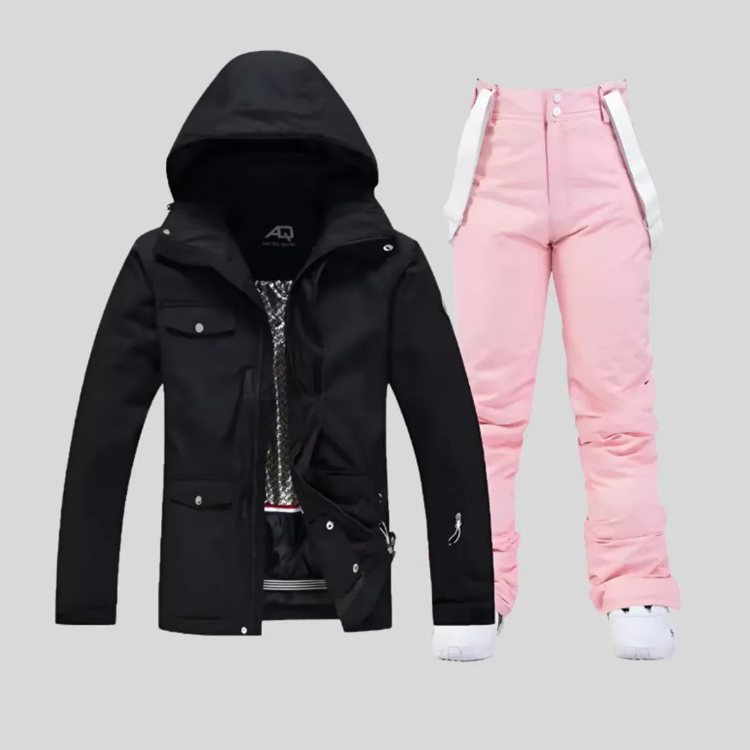 Detail of the quilted bib trousers with adjustable suspender straps and front zip fly