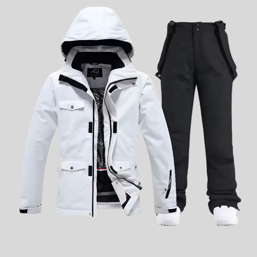White ski jacket and matching white bib trousers with adjustable straps, full front view