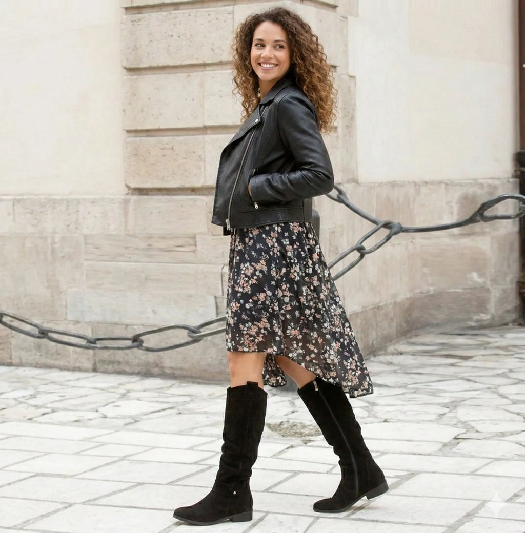 Model in leather jacket and floral midi dress walking in black suede knee-high slouch boots