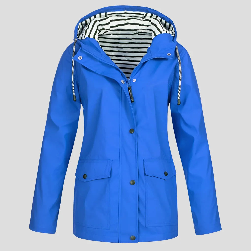 Bright blue hooded jacket with striped lining, zip front and drawstring hood, front view