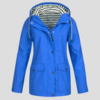 Bright blue hooded jacket with striped lining, zip front and drawstring hood, front view