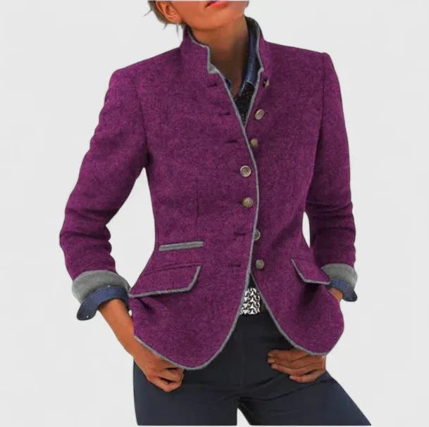 Purple wool-blend blazer with stand collar, grey trim, horn-style buttons and turned-back denim cuffs