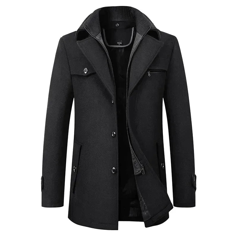 Black wool-blend coat, unzipped, showing ribbed collar, chest pocket flap and inner zip lining