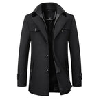 Black wool-blend coat, unzipped, showing ribbed collar, chest pocket flap and inner zip lining