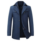 Navy blue tailored coat with wide lapels and ribbed inner collar, zip open to show black lining