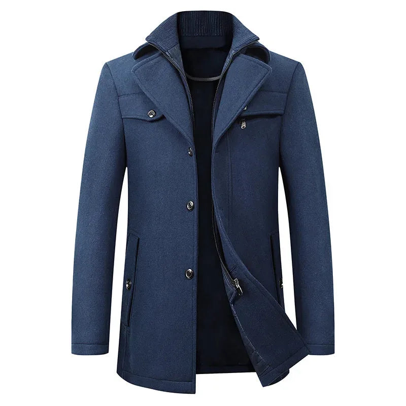 Navy blue tailored coat with wide lapels and ribbed inner collar, zip open to show black lining