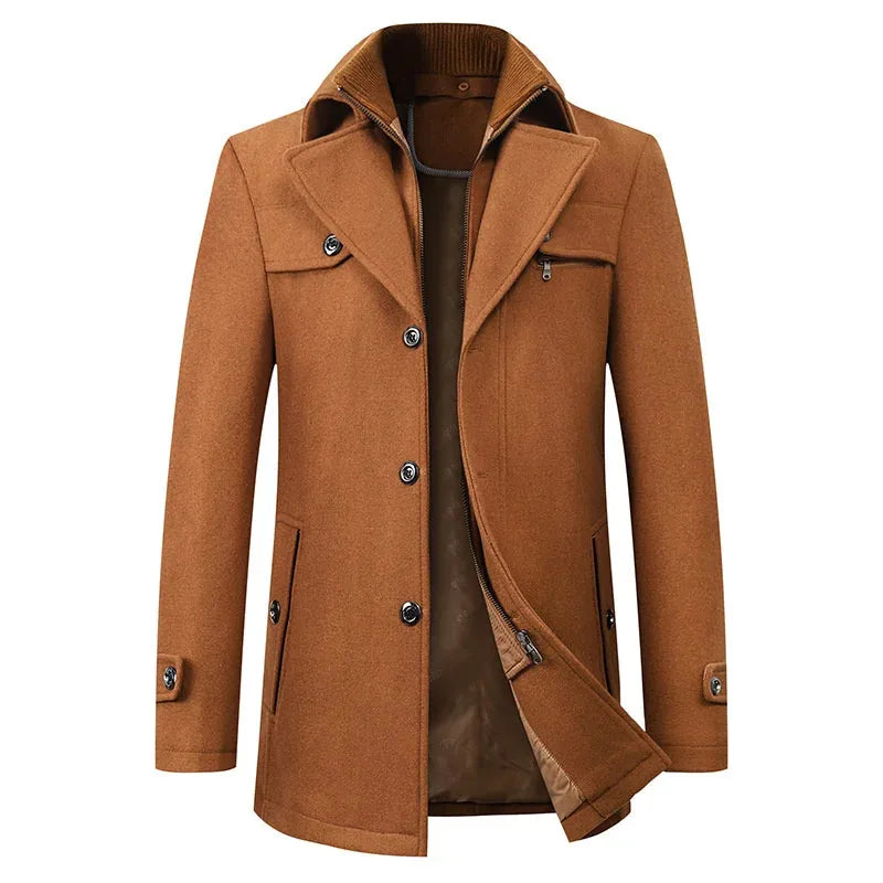 Rust brown coat with contrast lining visible at the open zip, tan tone throughout front and sleeves