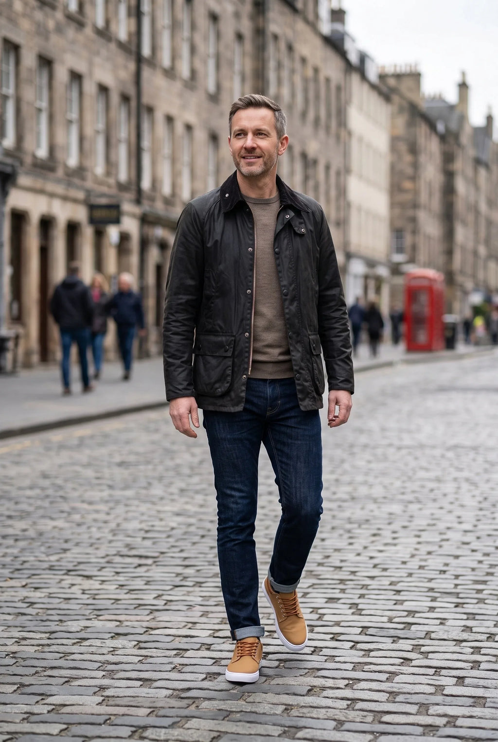 Man walking on a cobbled street wearing tan woven trainers with dark jeans and a waxed jacket