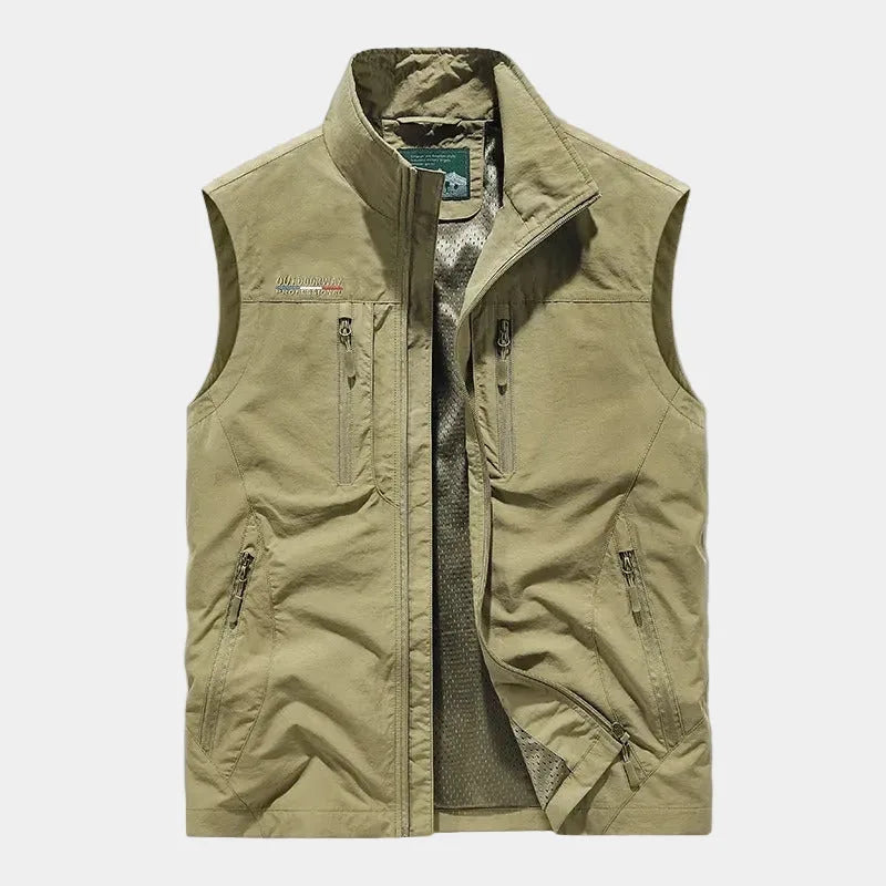 Khaki sleeveless zip gilet shown open, front view with stand collar, chest pockets and mesh lining