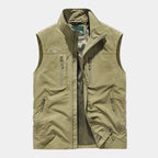 Khaki sleeveless zip gilet shown open, front view with stand collar, chest pockets and mesh lining