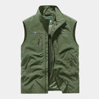 Olive green sleeveless gilet with stand collar, zipped chest and side pockets, front fastening open