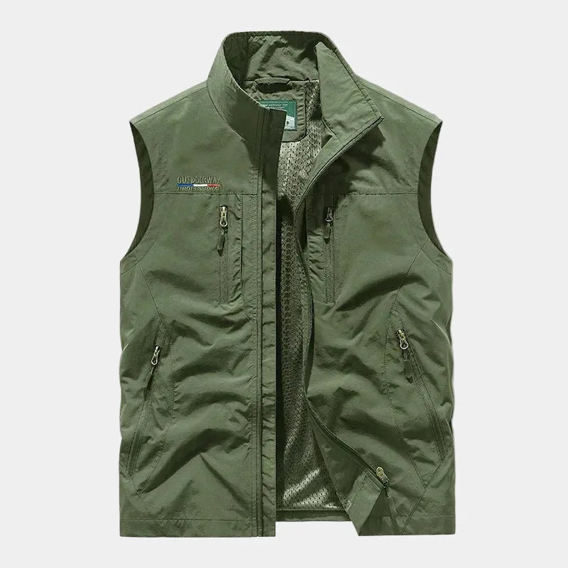 Olive green sleeveless gilet with stand collar, zipped chest and side pockets, front fastening open