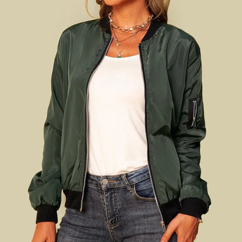 Front detail view of a khaki green bomber jacket showing the zip pull, ribbed collar and sleeve zip pocket